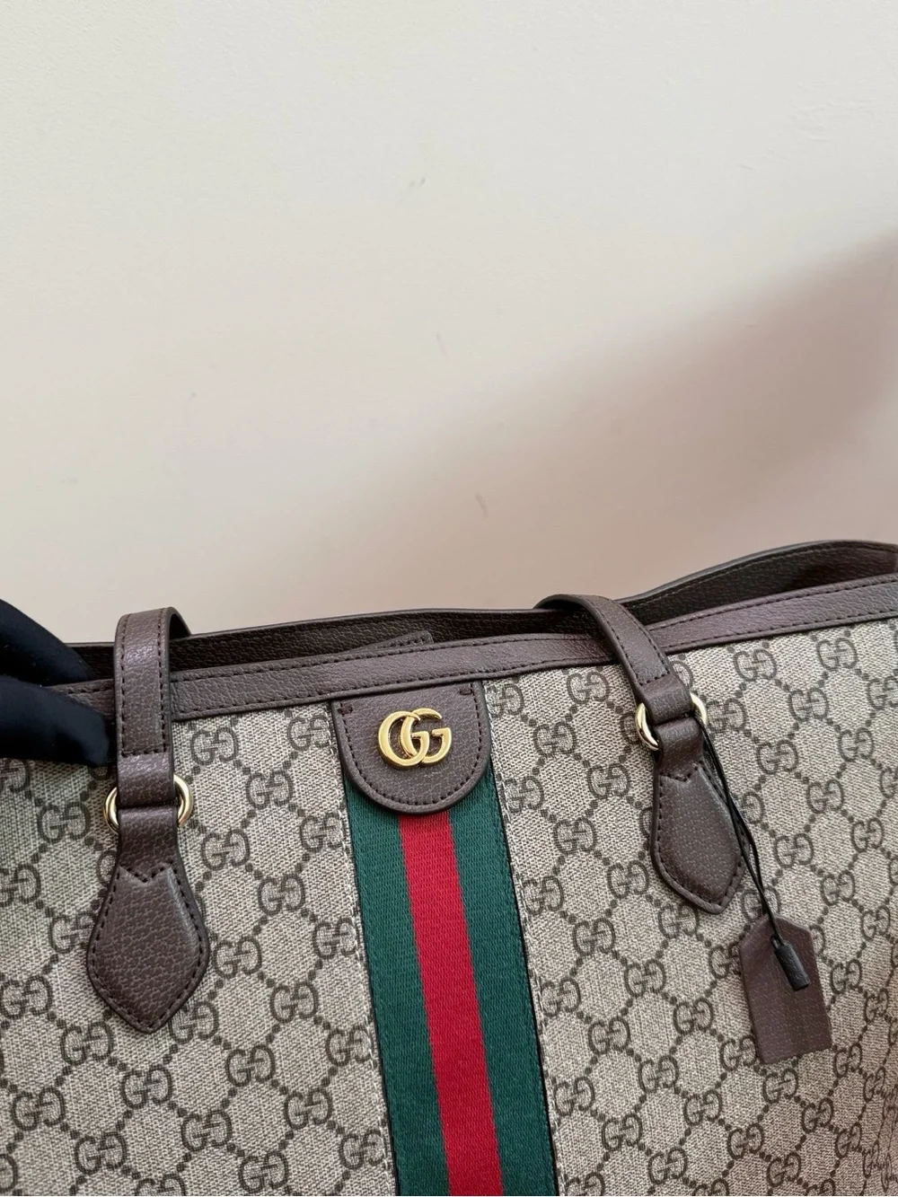 Gucci Ophidia Beige GG Canvas Tote with Green and Red Stripe